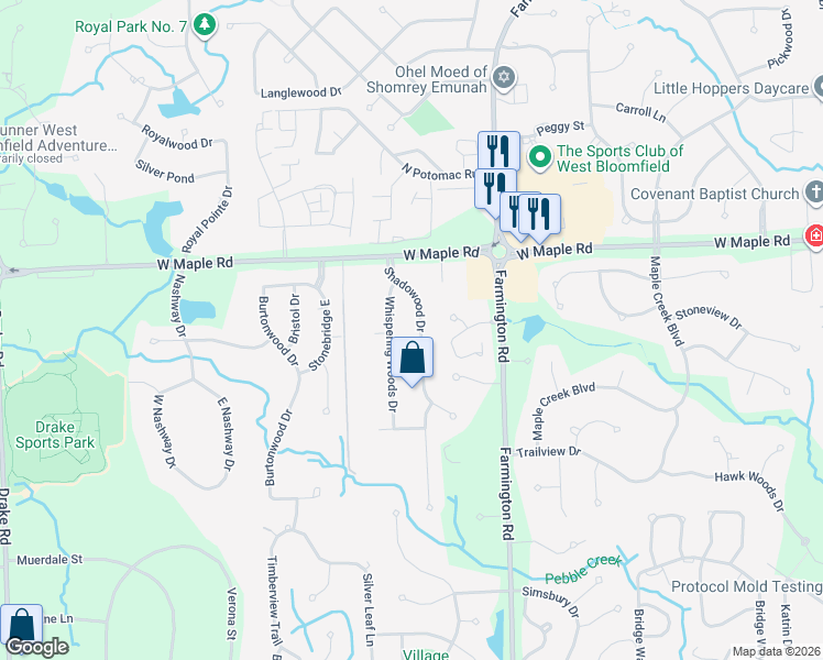 map of restaurants, bars, coffee shops, grocery stores, and more near 6604 Shadowood Drive in West Bloomfield Township