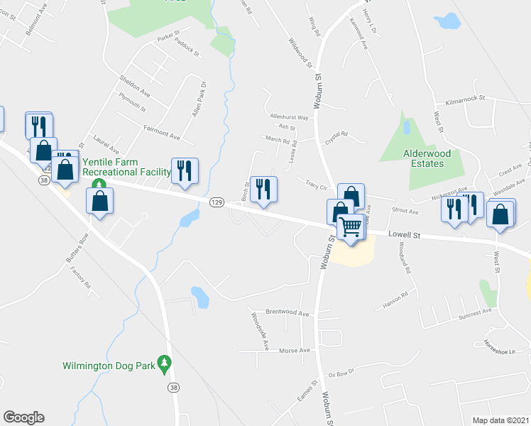map of restaurants, bars, coffee shops, grocery stores, and more near 162 Lowell Street in Wilmington
