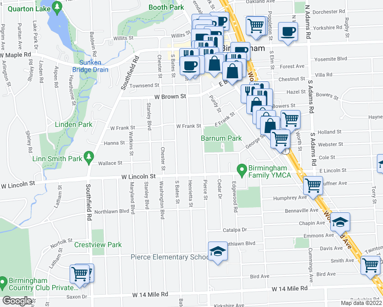 map of restaurants, bars, coffee shops, grocery stores, and more near 893 Henrietta Street in Birmingham