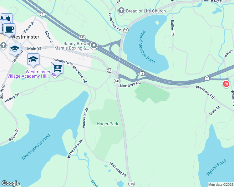 map of restaurants, bars, coffee shops, grocery stores, and more near 9 Hager Park Road in Westminster