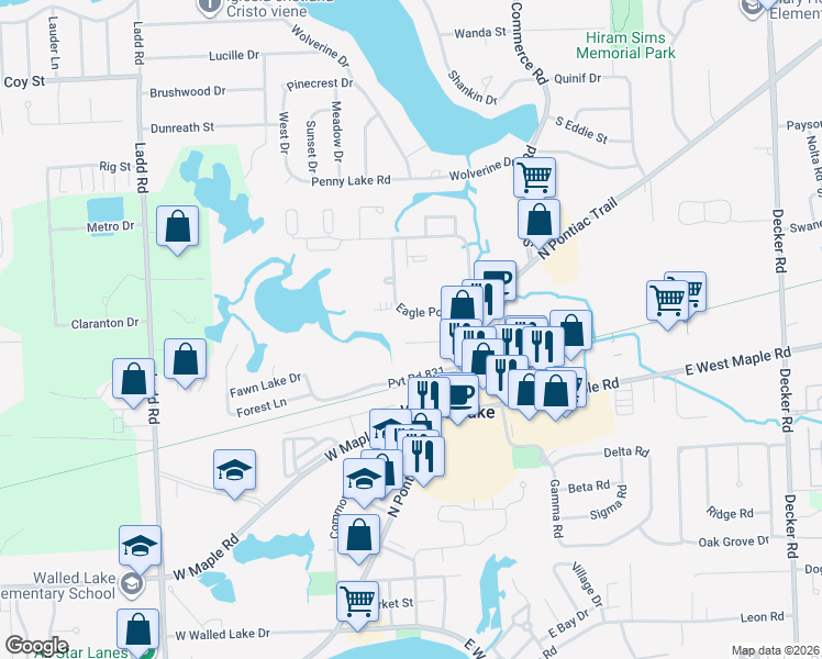 map of restaurants, bars, coffee shops, grocery stores, and more near 234 Spring Park in Walled Lake