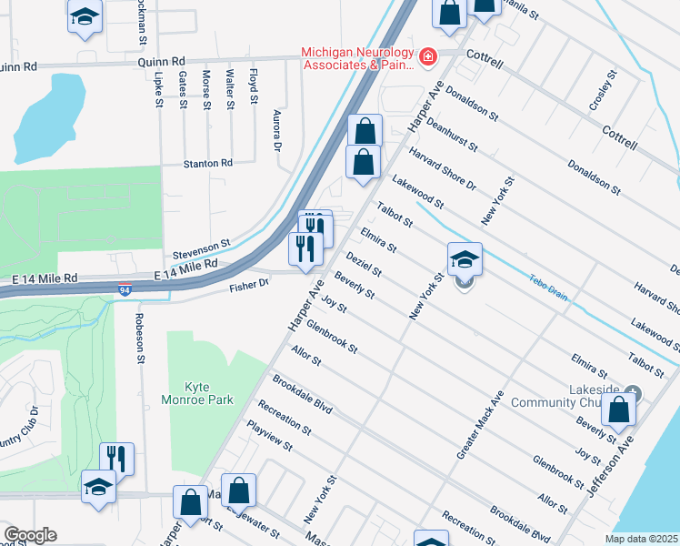 map of restaurants, bars, coffee shops, grocery stores, and more near 23017 Beverly Street in St. Clair Shores