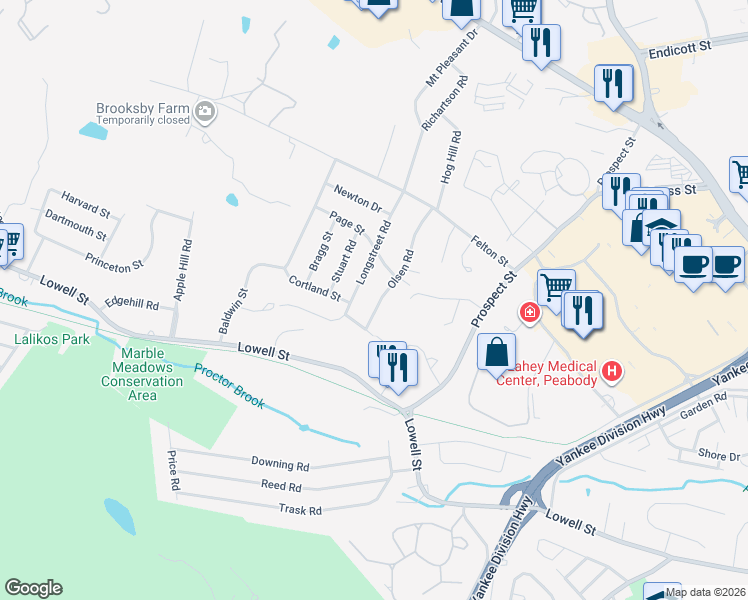 map of restaurants, bars, coffee shops, grocery stores, and more near 18 Longstreet Road in Peabody