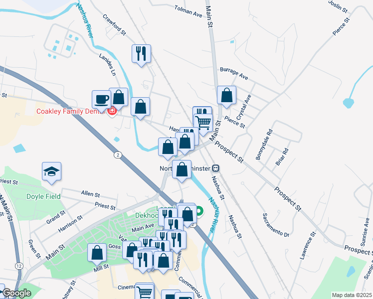 map of restaurants, bars, coffee shops, grocery stores, and more near 502 Main Street in Leominster