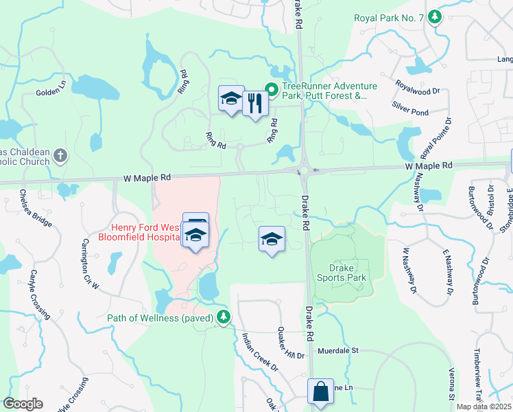 map of restaurants, bars, coffee shops, grocery stores, and more near 6740 Ridgefield Circle in West Bloomfield Township
