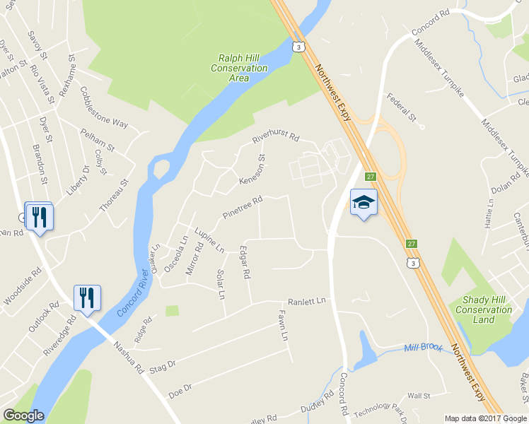 map of restaurants, bars, coffee shops, grocery stores, and more near 5 Hilary Road in Billerica