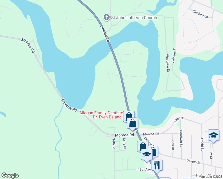 map of restaurants, bars, coffee shops, grocery stores, and more near 1671 River Ridge Court in Allegan