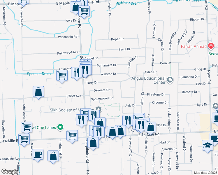 map of restaurants, bars, coffee shops, grocery stores, and more near 2107 Deveere Drive in Sterling Heights