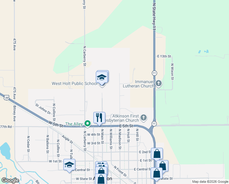 map of restaurants, bars, coffee shops, grocery stores, and more near 720 North Madison Street in Atkinson