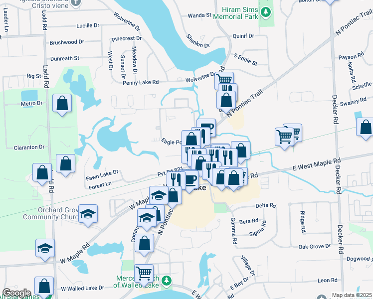 map of restaurants, bars, coffee shops, grocery stores, and more near 152 Spring Park in Walled Lake