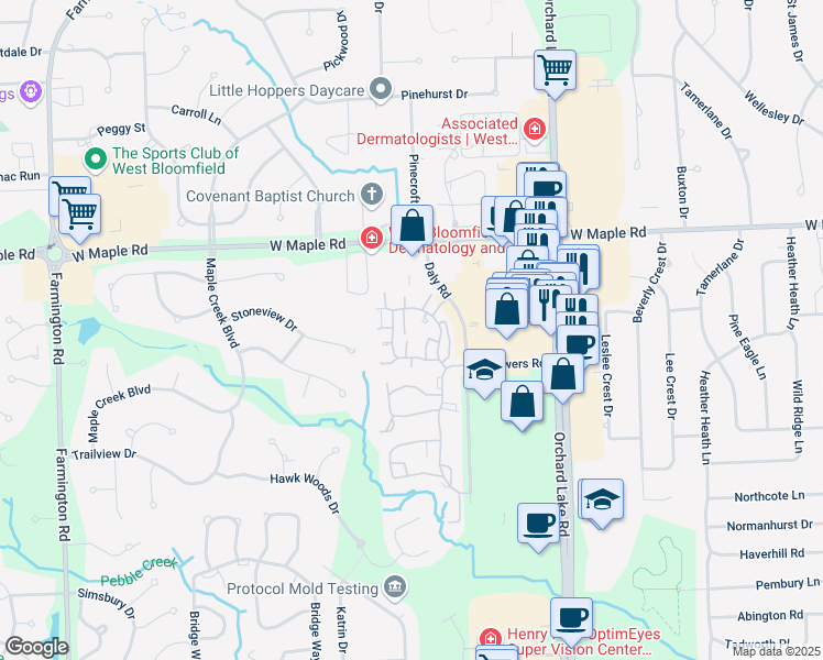 map of restaurants, bars, coffee shops, grocery stores, and more near 6632 Bellows Court in West Bloomfield Township