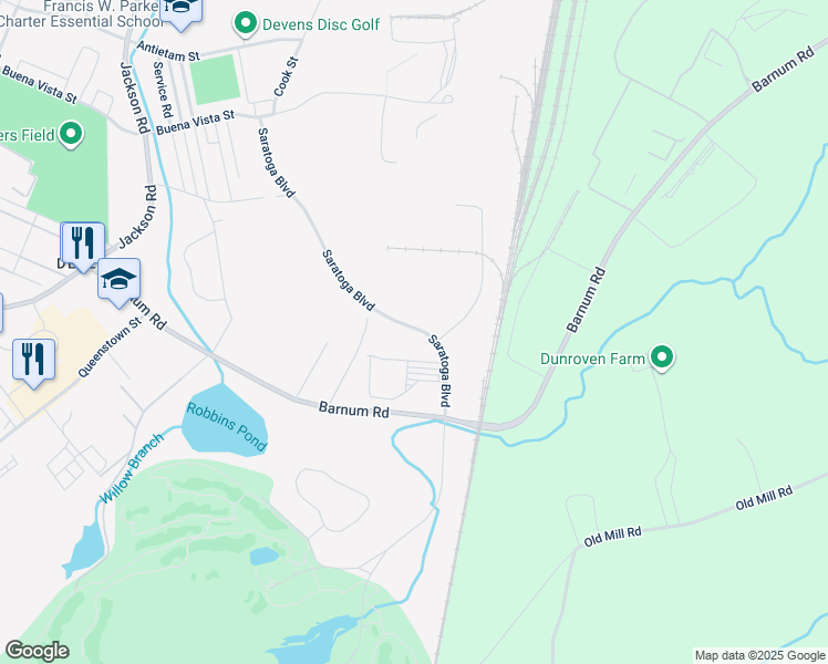 map of restaurants, bars, coffee shops, grocery stores, and more near 35 Saratoga Boulevard in Harvard