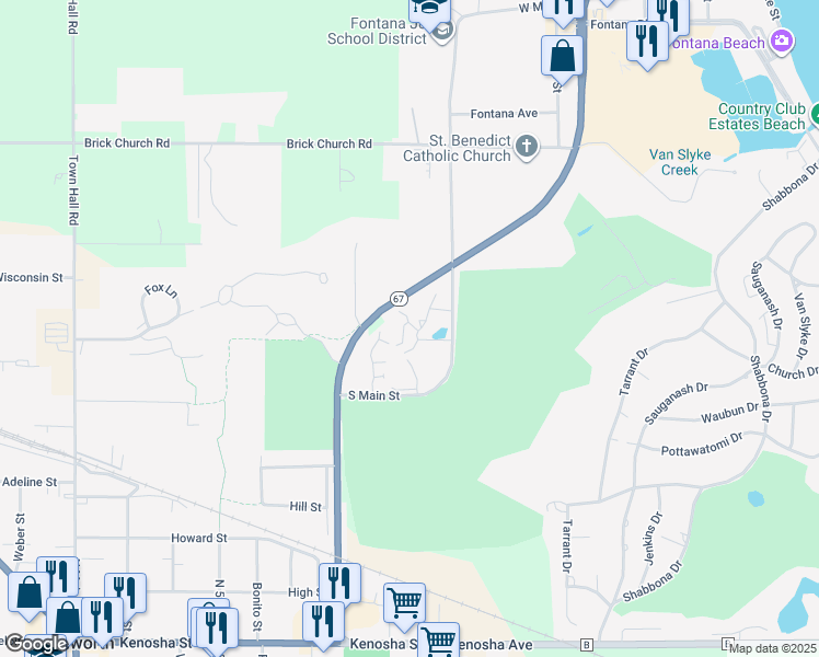 map of restaurants, bars, coffee shops, grocery stores, and more near 845 Hillside Drive in Fontana-on-Geneva Lake