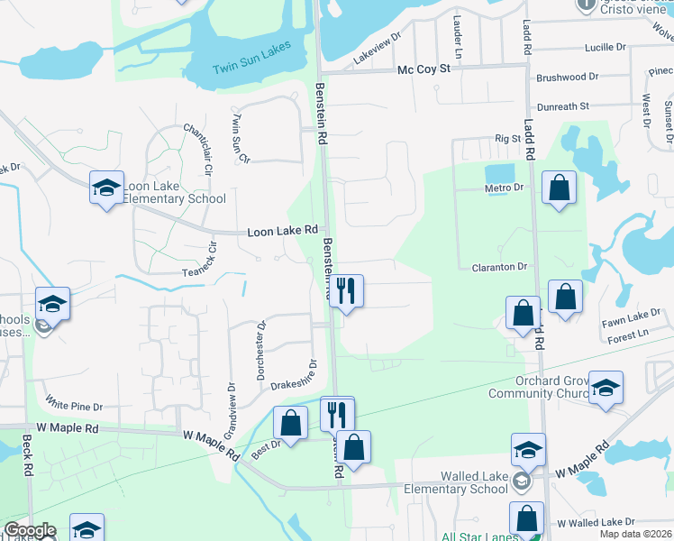 map of restaurants, bars, coffee shops, grocery stores, and more near 1076 Benstein Road in Oakland County