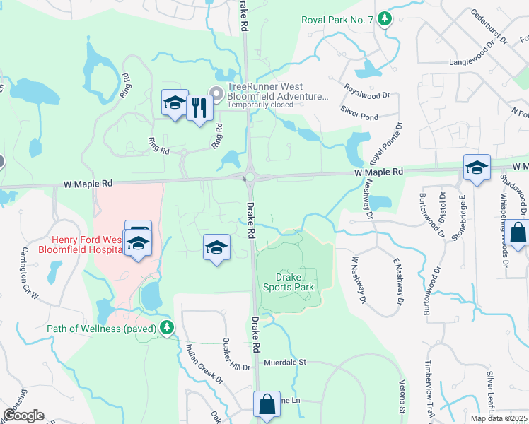 map of restaurants, bars, coffee shops, grocery stores, and more near 6925 Drake Road in Oakland County