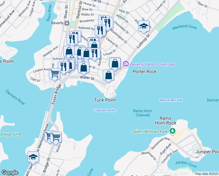 map of restaurants, bars, coffee shops, grocery stores, and more near 117 Water Street in Beverly