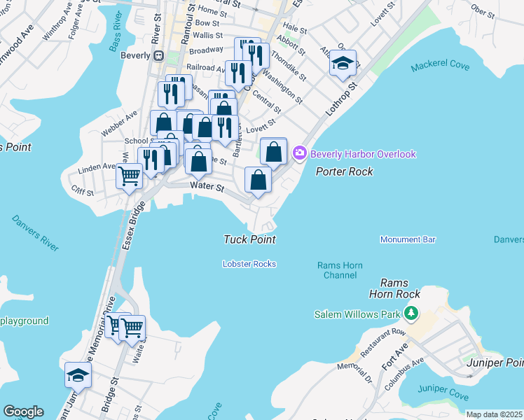 map of restaurants, bars, coffee shops, grocery stores, and more near 117 Water Street in Beverly