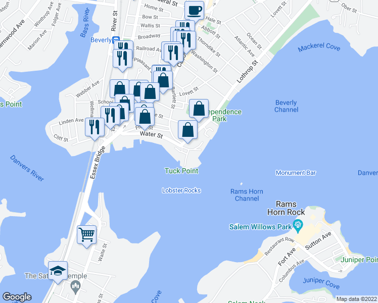 map of restaurants, bars, coffee shops, grocery stores, and more near 117 Water Street in Beverly