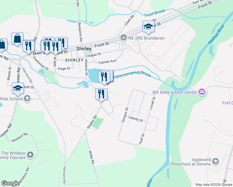 map of restaurants, bars, coffee shops, grocery stores, and more near 10 Rodman Avenue in Shirley