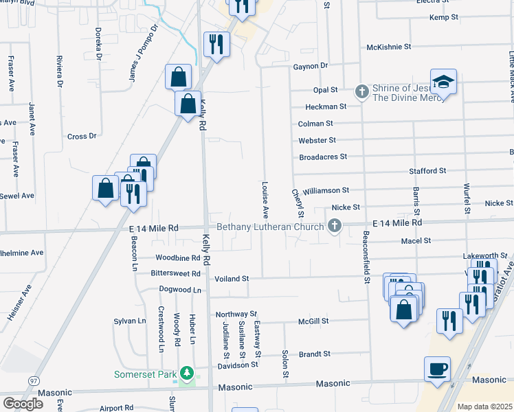 map of restaurants, bars, coffee shops, grocery stores, and more near 33125 Louise Avenue in Clinton Township