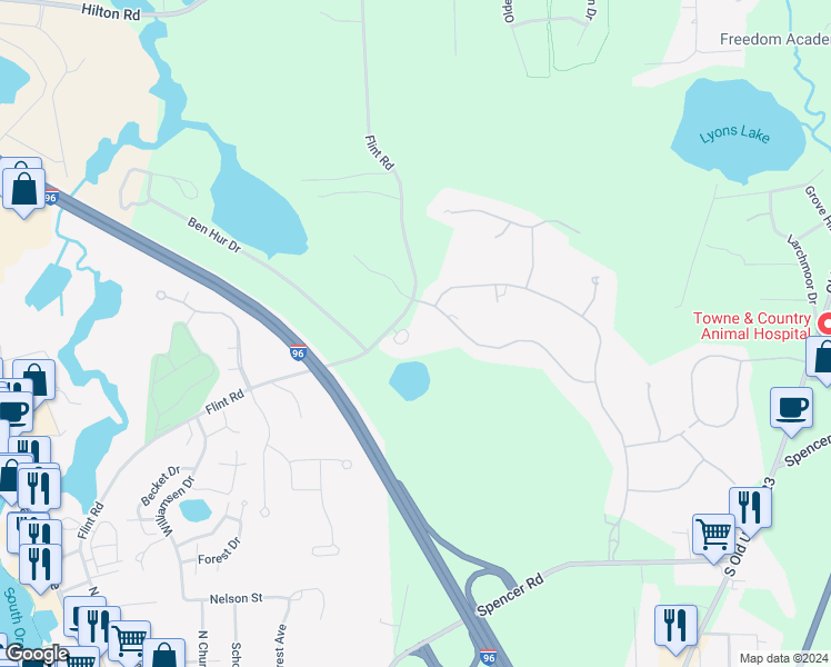 map of restaurants, bars, coffee shops, grocery stores, and more near 9095 Lake Dominion Drive in Brighton