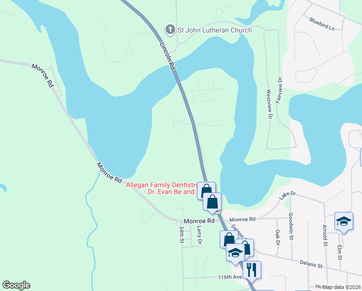map of restaurants, bars, coffee shops, grocery stores, and more near 1671 River Ridge Court in Allegan