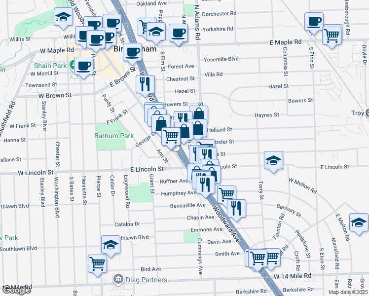 map of restaurants, bars, coffee shops, grocery stores, and more near 34190 South Worth Street in Birmingham