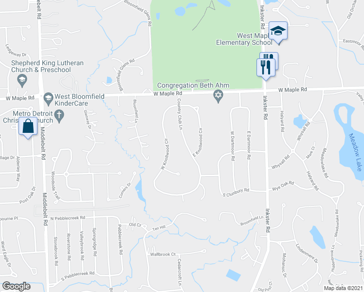 map of restaurants, bars, coffee shops, grocery stores, and more near 6704 Country Club Lane in West Bloomfield Township