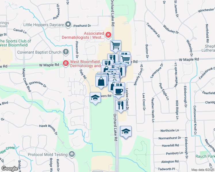 map of restaurants, bars, coffee shops, grocery stores, and more near 6698 Orchard Lake Road in West Bloomfield Township