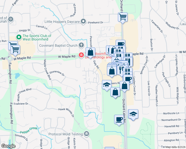 map of restaurants, bars, coffee shops, grocery stores, and more near 6684 Andiron Court in West Bloomfield Township