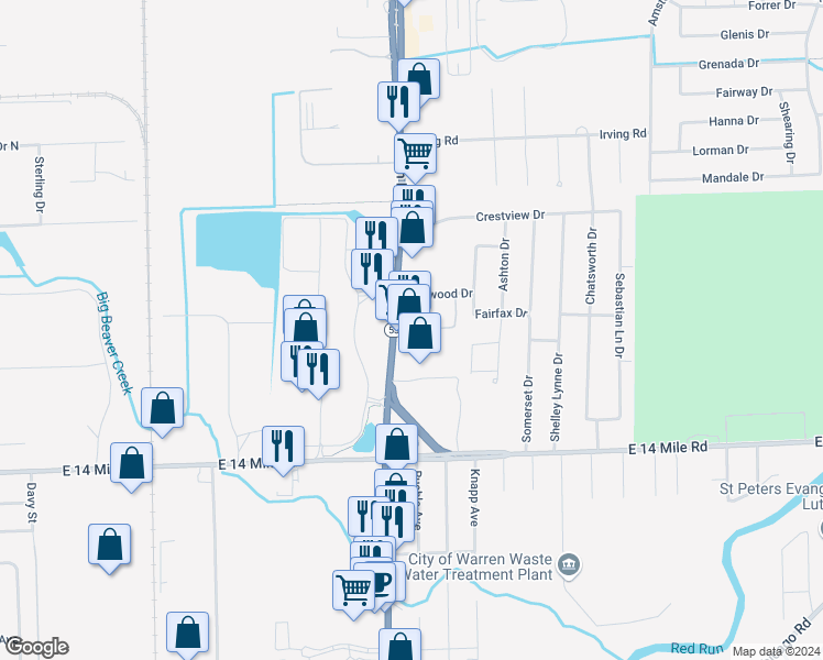 map of restaurants, bars, coffee shops, grocery stores, and more near 33476 Van Dyke Avenue in Sterling Heights