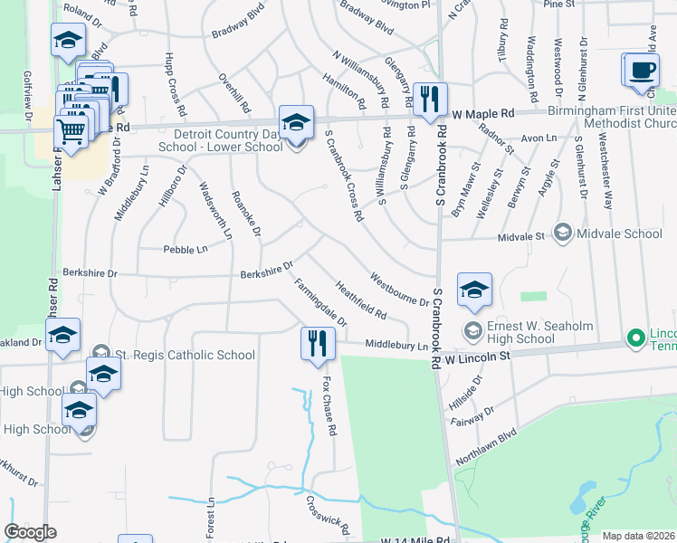 map of restaurants, bars, coffee shops, grocery stores, and more near 2784 Heathfield Road in Bloomfield Township