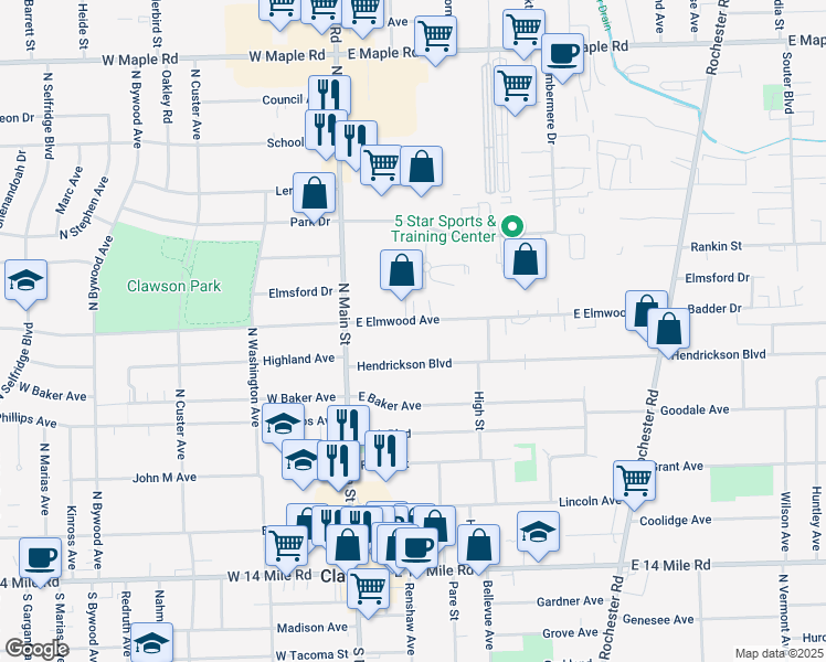 map of restaurants, bars, coffee shops, grocery stores, and more near 225 Hendrickson Boulevard in Clawson