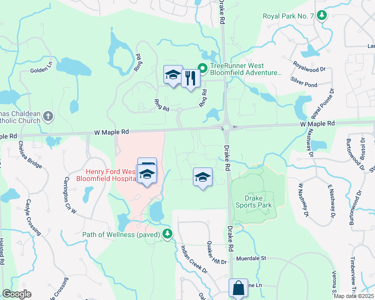 map of restaurants, bars, coffee shops, grocery stores, and more near 6740 Ridgefield Circle in West Bloomfield Township