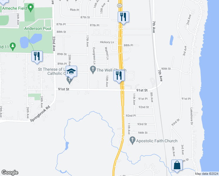 map of restaurants, bars, coffee shops, grocery stores, and more near 9047 15th Avenue in Kenosha