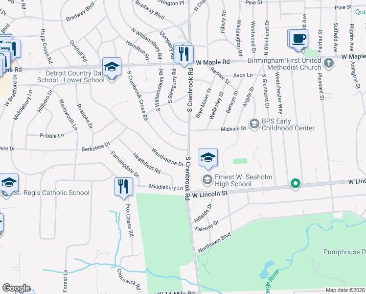 map of restaurants, bars, coffee shops, grocery stores, and more near 620 South Cranbrook Road in Bloomfield Hills