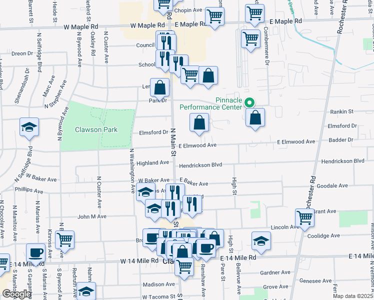 map of restaurants, bars, coffee shops, grocery stores, and more near 70 East Elmwood Avenue in Clawson