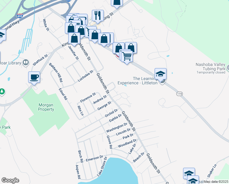 map of restaurants, bars, coffee shops, grocery stores, and more near 1 Paddock Way in Littleton