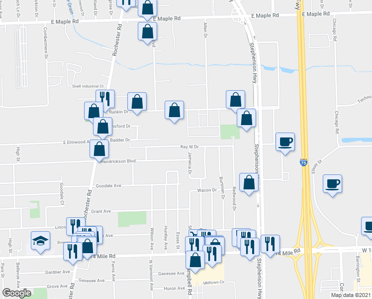 map of restaurants, bars, coffee shops, grocery stores, and more near 747 Jamaica Drive in Troy