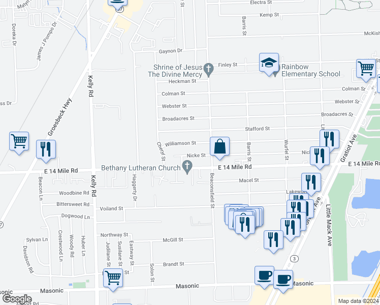 map of restaurants, bars, coffee shops, grocery stores, and more near 19533 Nicke Street in Charter Township of Clinton