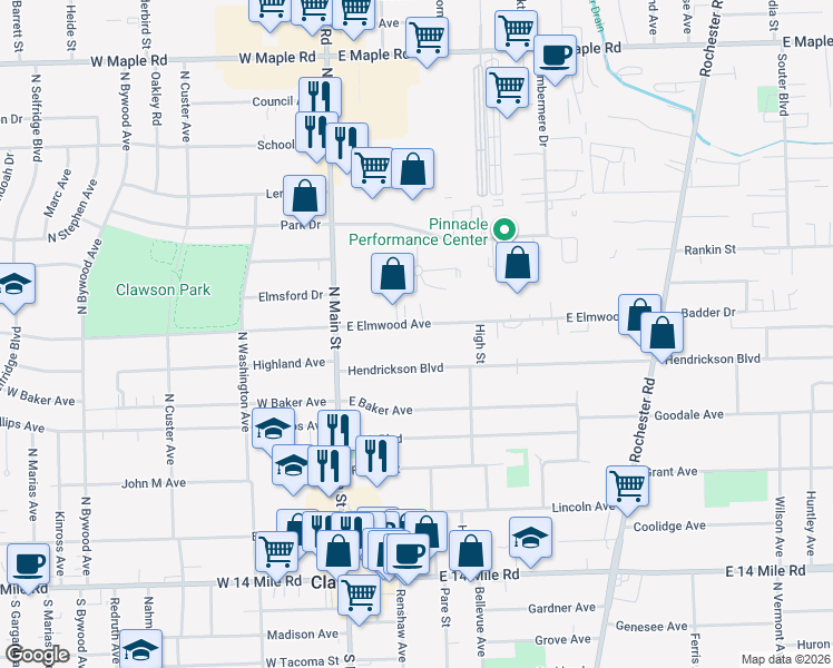 map of restaurants, bars, coffee shops, grocery stores, and more near 236 East Elmwood Avenue in Clawson
