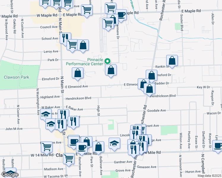 map of restaurants, bars, coffee shops, grocery stores, and more near 470 East Elmwood Avenue in Clawson