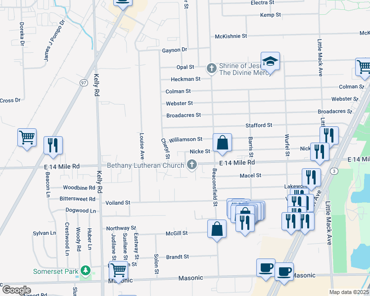 map of restaurants, bars, coffee shops, grocery stores, and more near 19526 Nicke Street in Clinton Township