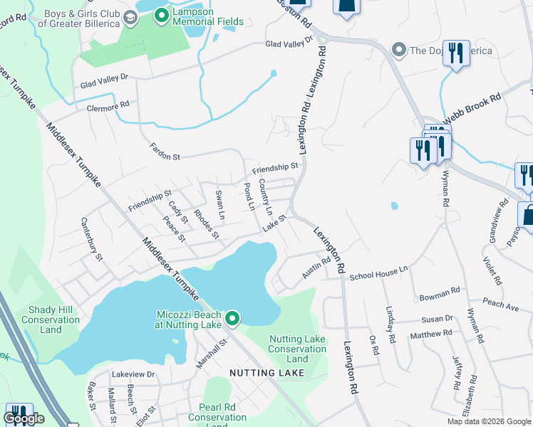 map of restaurants, bars, coffee shops, grocery stores, and more near 7 Lake Street in Billerica