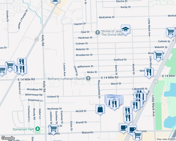 map of restaurants, bars, coffee shops, grocery stores, and more near 19526 Nicke Street in Clinton Township
