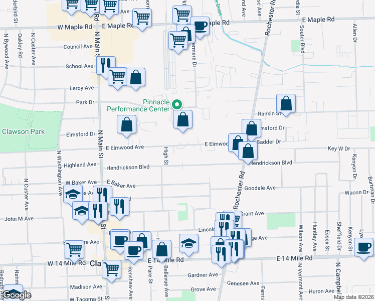 map of restaurants, bars, coffee shops, grocery stores, and more near 488 East Elmwood Avenue in Clawson