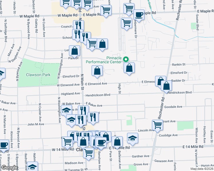 map of restaurants, bars, coffee shops, grocery stores, and more near 266 East Elmwood Avenue in Clawson
