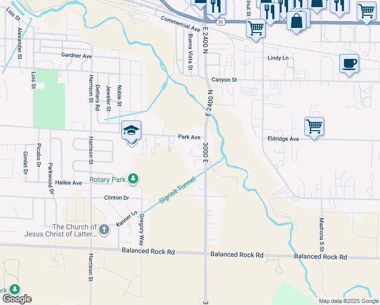 map of restaurants, bars, coffee shops, grocery stores, and more near 588 Blue Lakes Boulevard South in Twin Falls