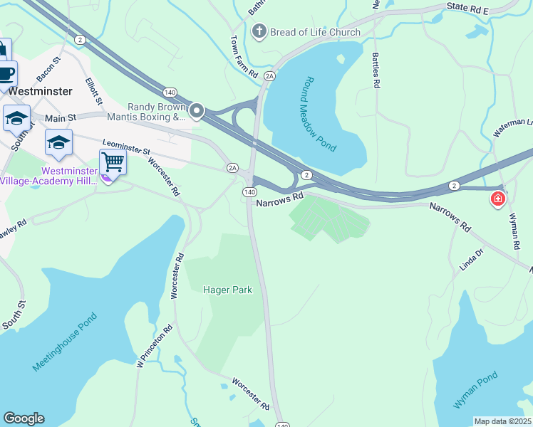 map of restaurants, bars, coffee shops, grocery stores, and more near 4 Hager Park Road in Westminster