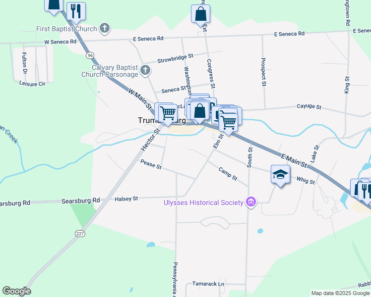 map of restaurants, bars, coffee shops, grocery stores, and more near 30 Elm Street in Trumansburg